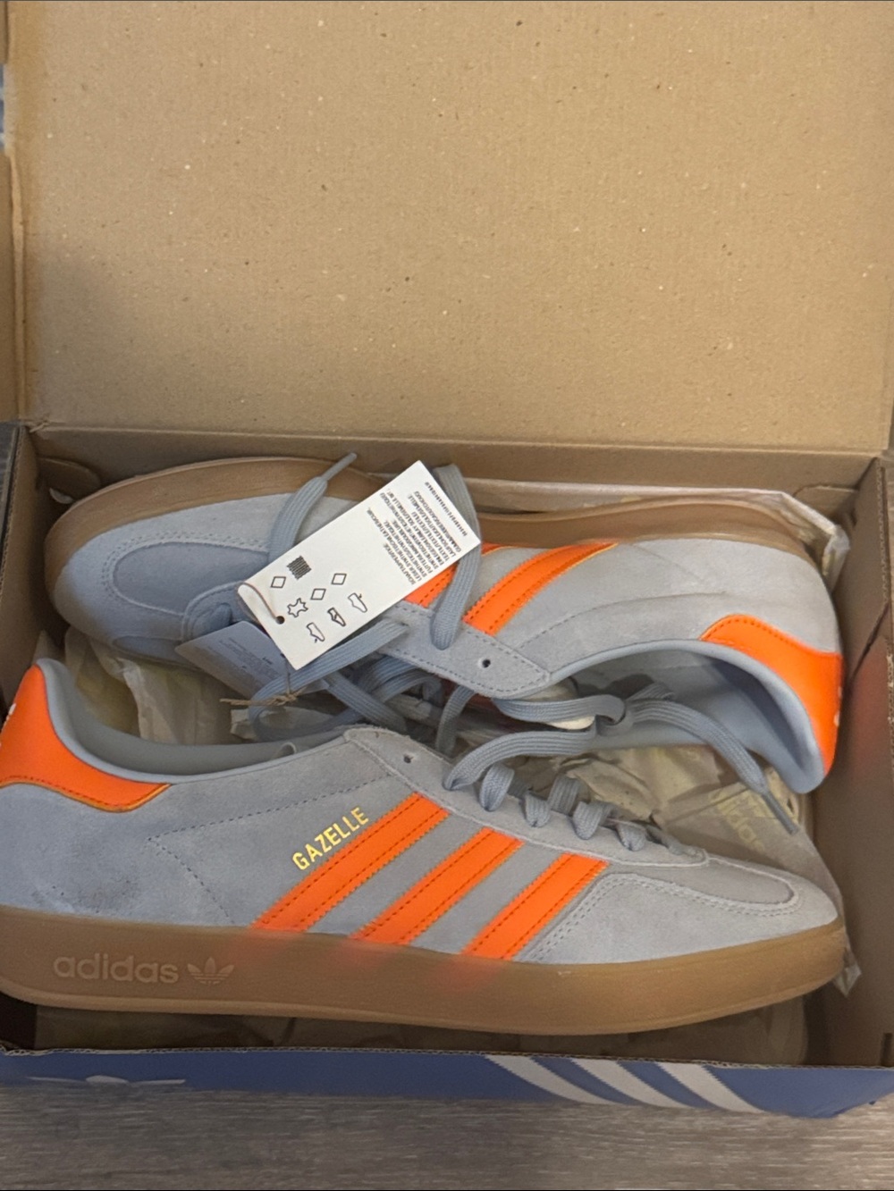 adidas Gazelle Suede Sneakers in Light Gray & Neon Orange